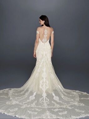 Galina Signature Vintage Style Long Sleeve Lace Wedding Gown w Cathedral Train